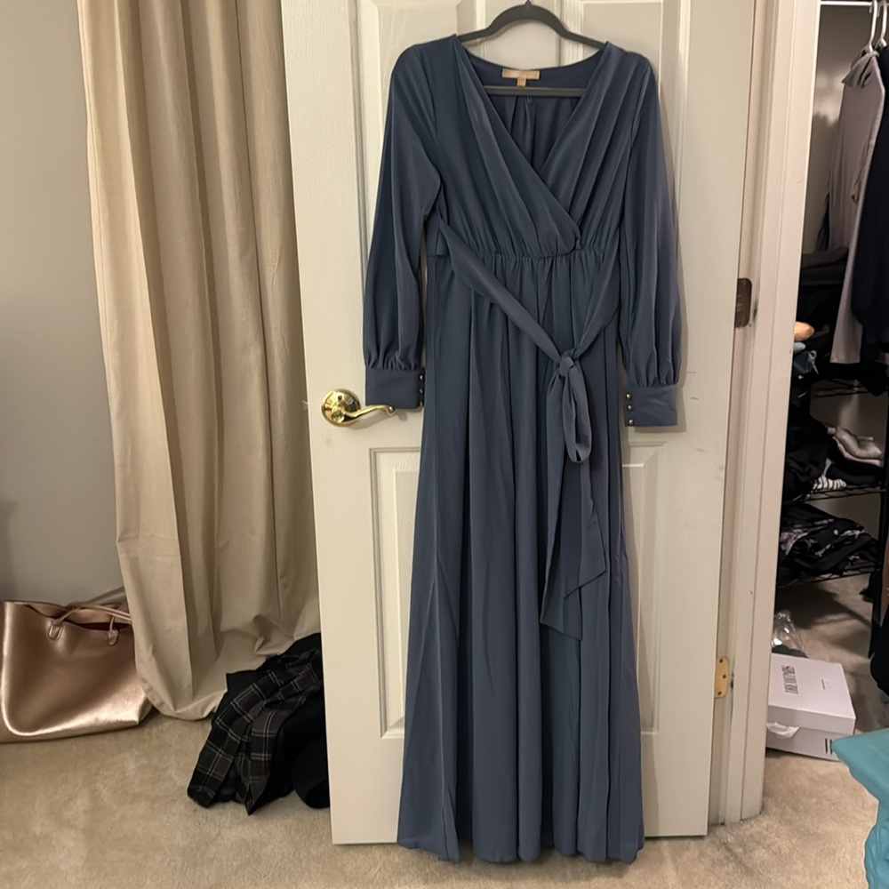 NWOT Pinkblush Blue Chiffon Long Sleeve Pleated Maternity Maxi Dress - Size S